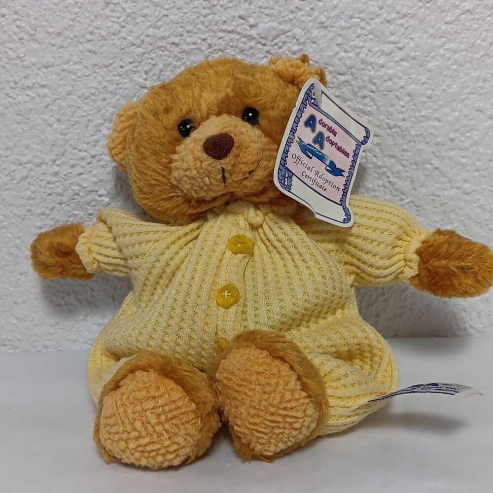 A&A Adorable Adoptions Teddy Bear Waffle Weave Pastel Yellow Soft Body Baby Toy